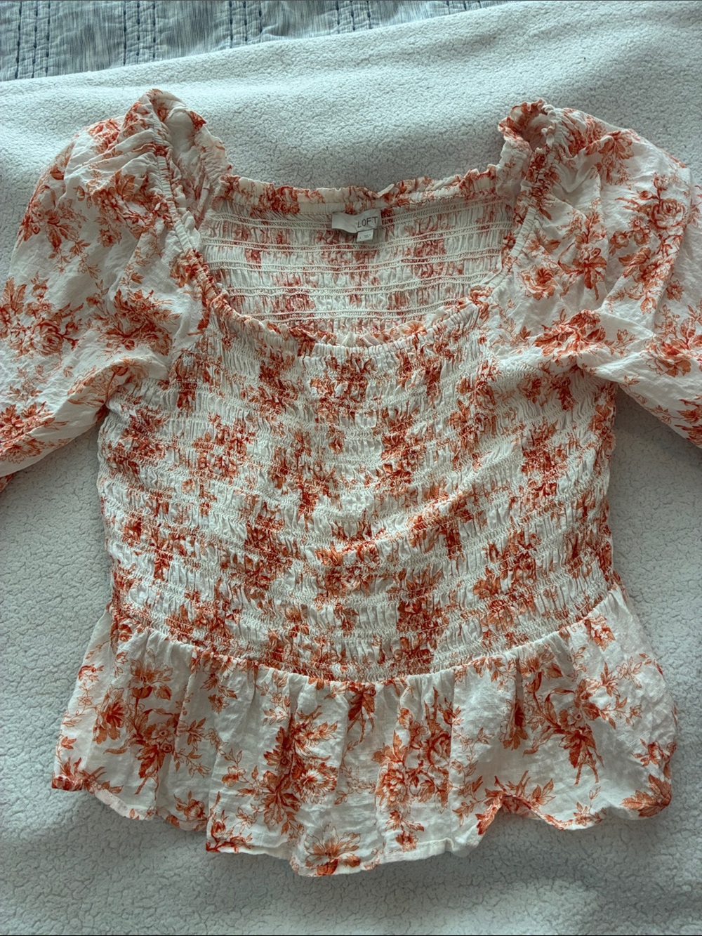 LOFT White Floral Smocked Peplum Top with Rust Print